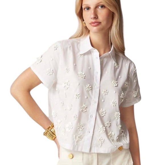 NEW J. CREW Collection embellished button-up shirt White Tonal Floral Size 2 - Picture 1 of 9